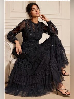 Needle & Thread Dot Shimmer Ankle Gown Navy UK6/US2